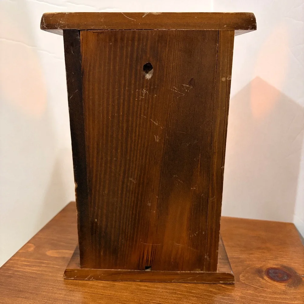 Vintage Rustic Wood Owl Lantern Candle Holder Box Mirror Interior Amber Glow
